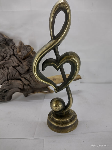 Brass Patina G clef Heart Figurine Statue Decor for Living Room Bedroom Bookshelf Coffe Table, Music Gift Sculpture Accents Decorations