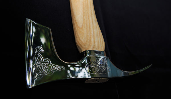 Bearded axe with adze blade stainless steel engraved polished