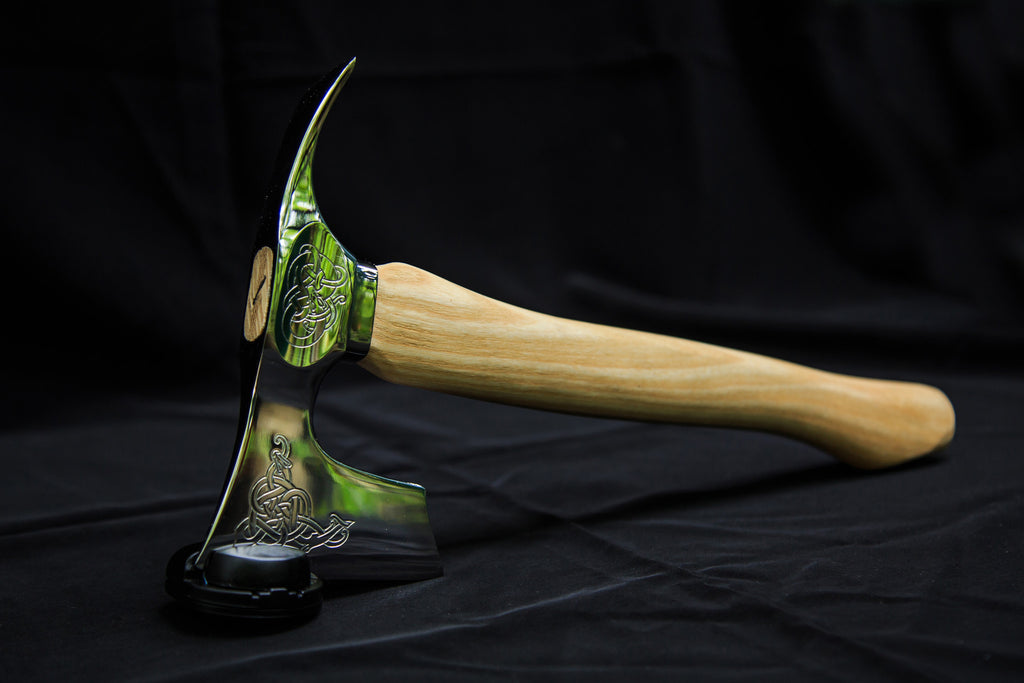 Bearded axe with adze blade stainless steel engraved polished
