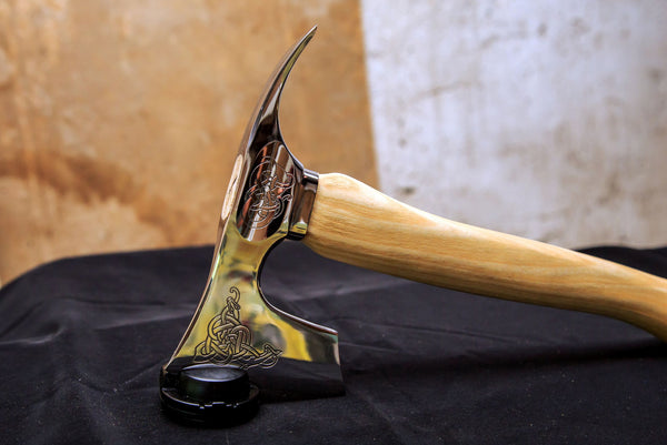 Bearded axe with adze blade stainless steel engraved polished