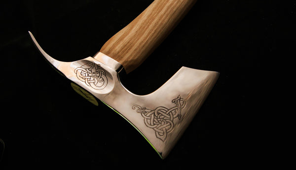 Bearded axe with adze blade stainless steel engraved polished