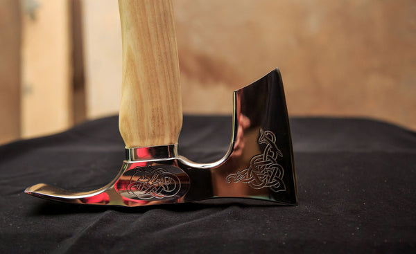 Bearded axe with adze blade stainless steel engraved polished