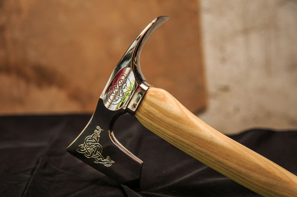 Bearded axe with adze blade stainless steel engraved polished