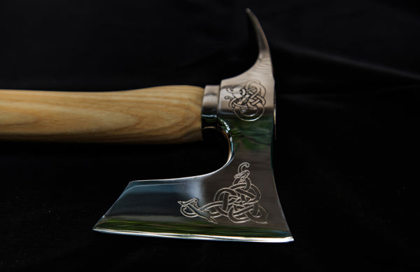 Bearded axe with adze blade stainless steel engraved polished